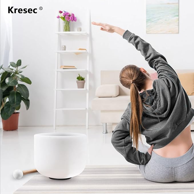 Kresec 8 Inch Crystal Singing Bowl G Note (¡À40 cents) Throat Chakra with O-ring and Mallet Quartz Crystal Sound Bowl for Meditation, Yoga, Spiritual and Body Healing and Energy Cleansing