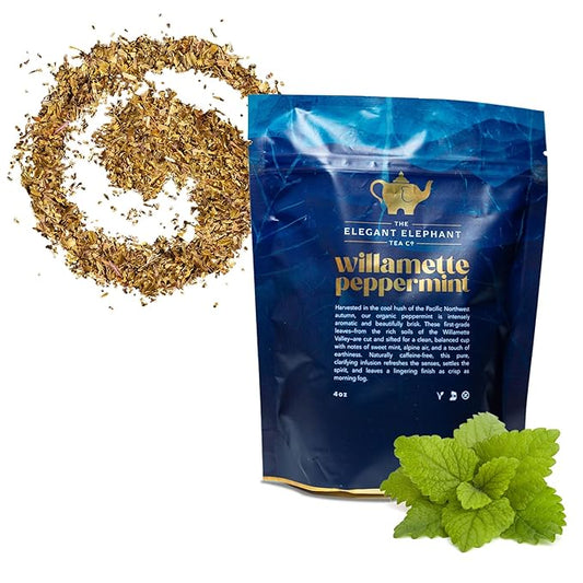 Willamette Peppermint Tea, Organic Loose Leaf Mint Herbal Tea – Soothing, Caffeine-Free – Refreshing Hot or Iced – 4 oz Resealable Bag (Makes 50 Cups) – The Elegant Elephant
