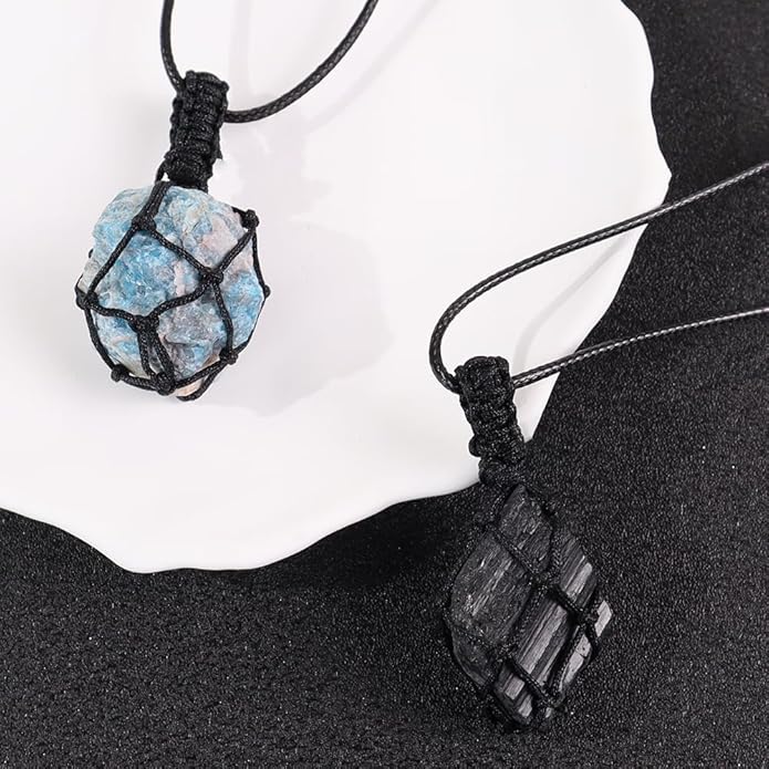 Handmade Natural Gemstone Crystal Pendant Necklace Stone Holder Necklace Cord Net Necklace with Adjustable Length for Women Men