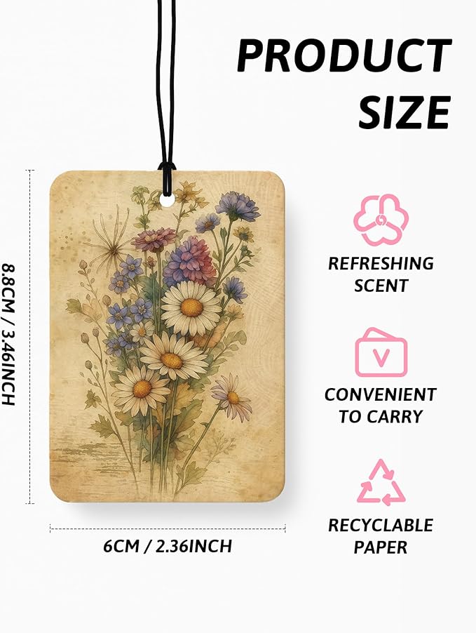 Vintage Floral Car Air Freshener 4 Pcs, Retro Cottagecore Wildflower Hanging Air Freshener for Cars Closet Drawer Books, Flower Car Accessories Mirror Decor for Women