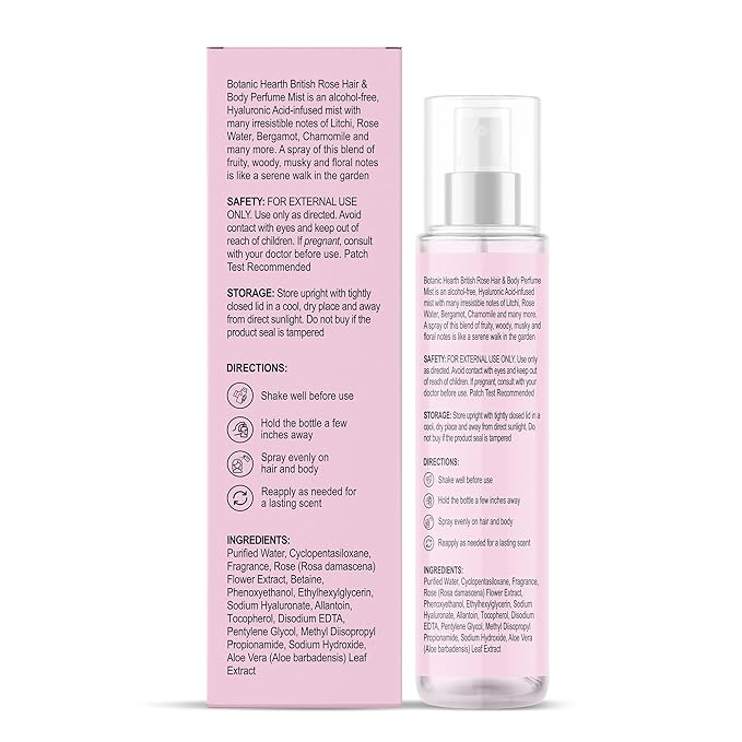 Botanic Hearth British Rose Hair & Body Perfume Mist with Hyaluronic Acid, Alcohol-Free, Refreshing & Hydrating Body Spray, Long Lasting Floral Fragrance, 100 ml / 3.4 fl oz