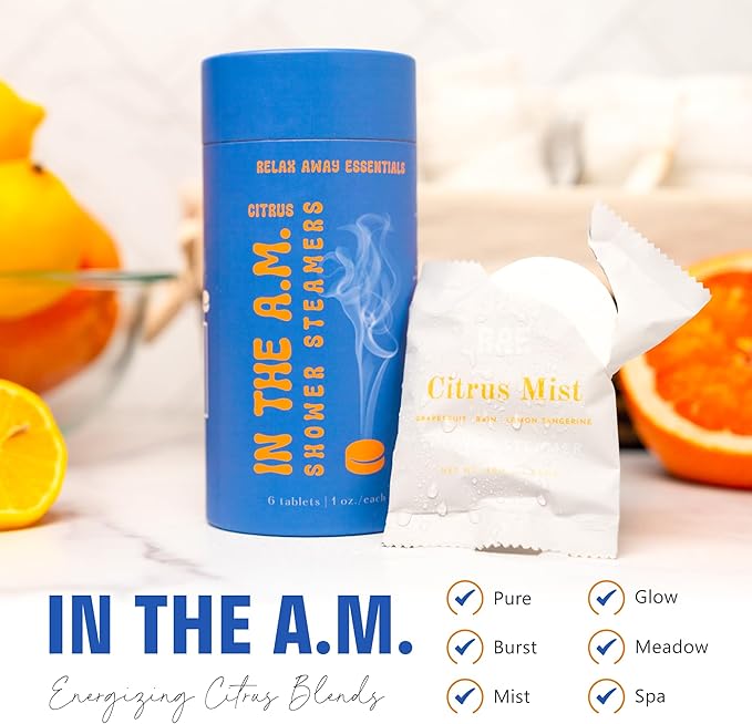 Relax Away in The A.M. Shower Steamers 6 Pack - Energizing Citrus Blends - Pure, Burst, Mist, Glow, Meadow, Spa - Uplifting & Rejuvenating - Essential Oil Aromatherapy - User-Friendly Set