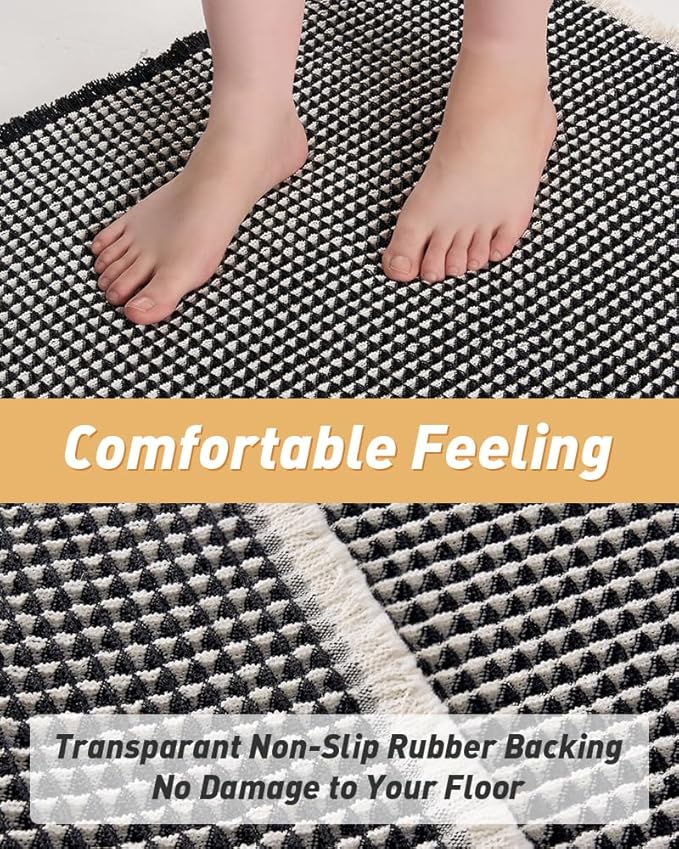 AMOAMI Upgraded Waffle Bath Mat, Super Absorbent Non Slip Bath Mats for Bathroom Floor, Machine Washable Bathroom Rugs with Tassels, Rubber Backed Bathroom Mats, Ultra Soft, 17" x 24",Black & Cream