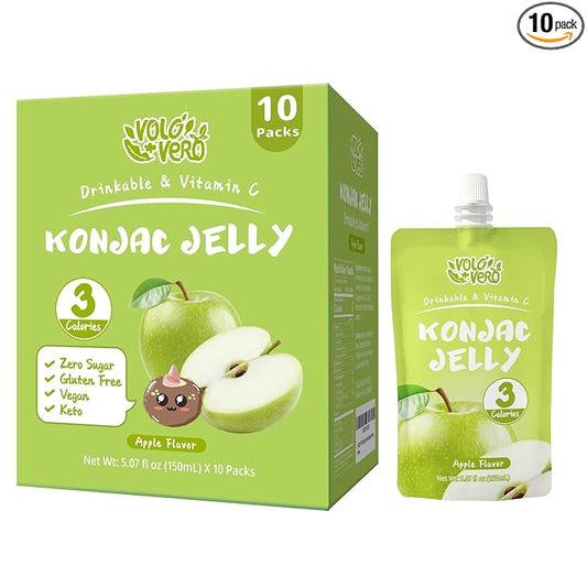VOLO VERO Konjac Jelly Squeeze Pouch Apple Flavor, Low Calories (3 Kcal), 10 Packs, Gluten Free & Vegan, 0 Sugar, Keto, Low Carb, Drinkable Vitamin C Healthy Snacks, Holiday Gifts