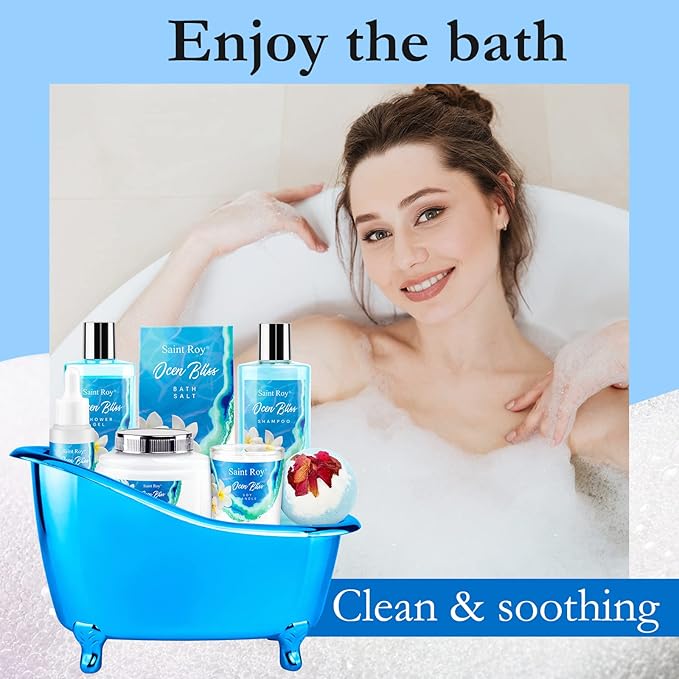 Bath & Body Gift Set, Bath Basket Spa kit Gifts for Her Him Birthday Gifts for Women, Luxury Home Spa Kit, 8pcsChristmas Gifts for Women Ocean Vanilla, Spa Gift Baskets, Unique Mother's Day Gifts