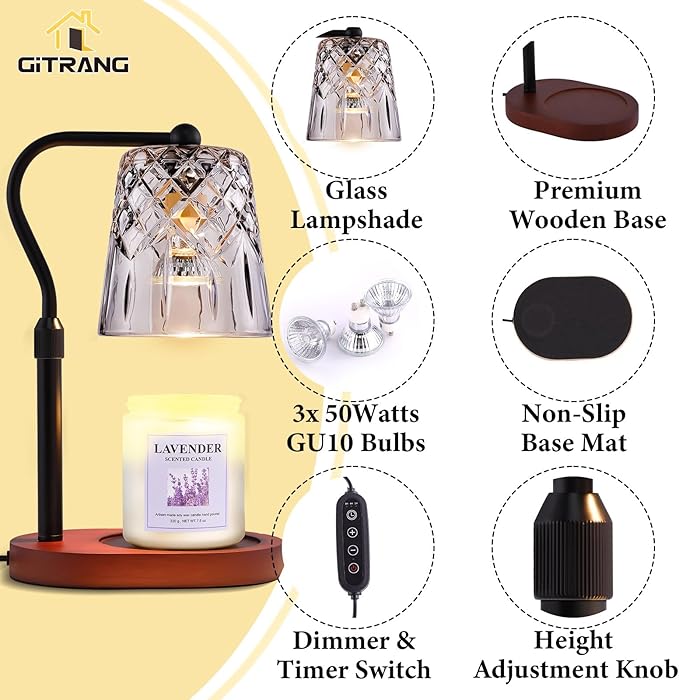 Candle Warming Lamp with Timer Dimmer, Adjustable Height Electric Wax Melt Warmer for Jar Candles with 3 Bulbs, Mother's Day Women's Home Decor Gift, Oval Base with Black Pole