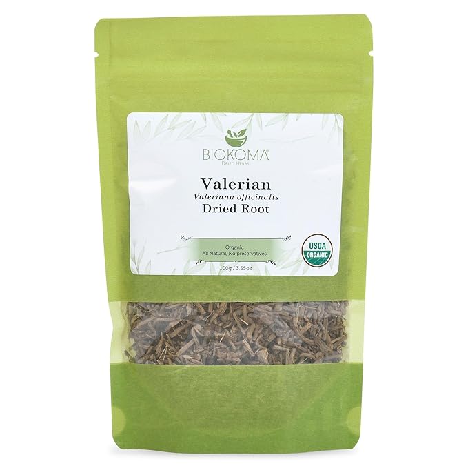 Biokoma Pure and Organic Valerian Dried Root 100g (3.55 oz) in Resealable Moisture Proof Pouch, USDA Certified Organic - Herbal Tea, No Additives, No Preservatives, No GMO, Kosher