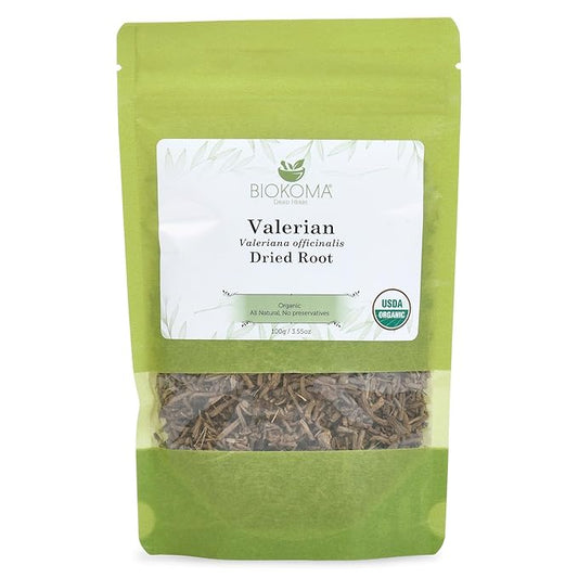 Biokoma Pure and Organic Valerian Dried Root 100g (3.55 oz) in Resealable Moisture Proof Pouch, USDA Certified Organic - Herbal Tea, No Additives, No Preservatives, No GMO, Kosher