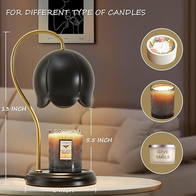 Black Gold Flower Candle Warmer Lamp with Timer Dimmable, Office Decor Elegant Bedroom Scented Wax Light, Christmas Birthday Gifts for Women Man, Large Table Candles Burner