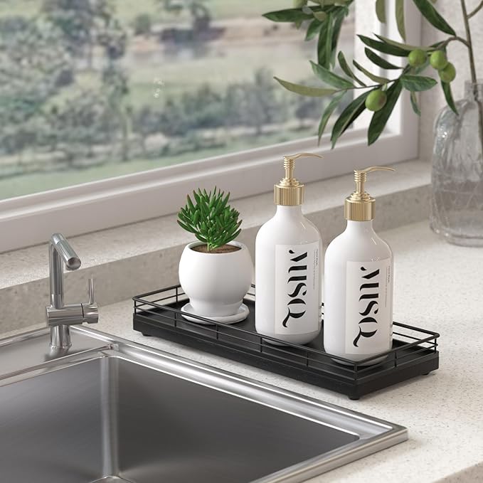 Bathroom Tray for Counter, Oak Wood 11" L Small Vanity Tray for Dresser Tops Perfume Jewelry Makeup Candle Soap Sponge Holder for Kitchen Countertop Organizer Coffee Table Decor Bar Black