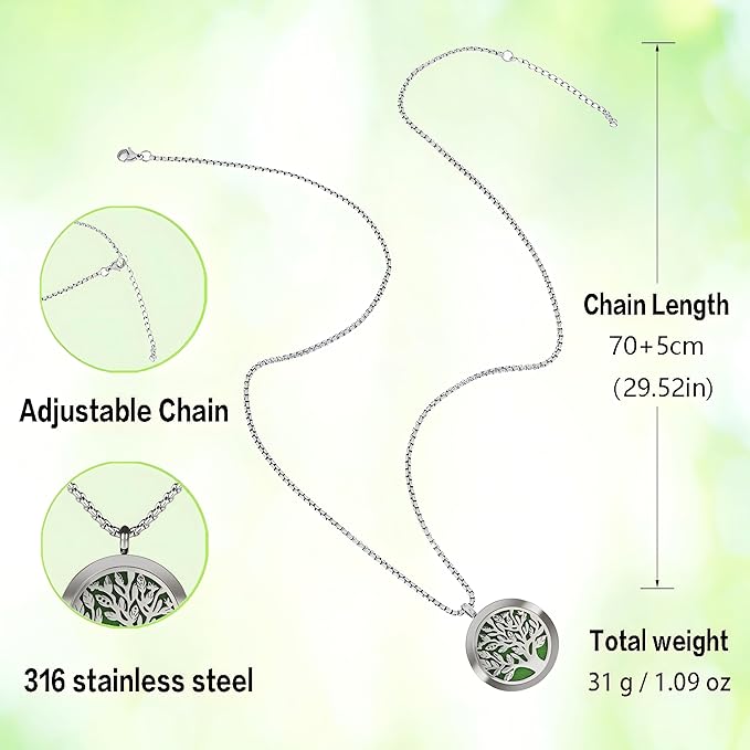 Aromatherapy Diffuser Necklace-Tree of Life Essential Oil Necklace,Aromatherapy Diffuser Pendant for Men and Women,Portable,Suitable for Yoga,Meditation,Travel,Stress Relief Gift(Silver 30mm)