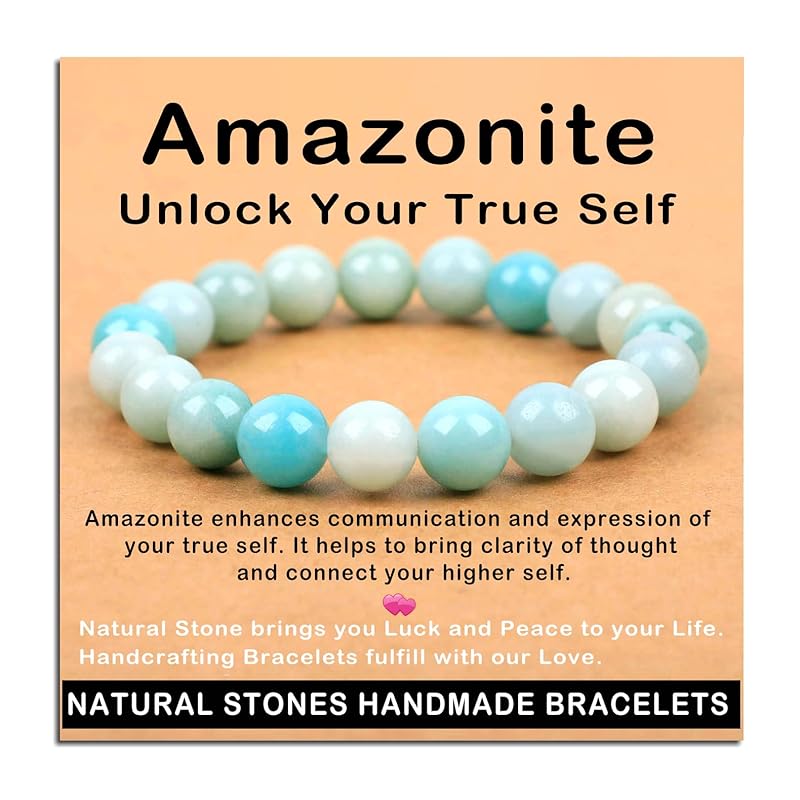AD Beads Handmade Gemstone Stretch Elastic Bracelet Crystal Healing Reiki Nature's Beauty and Spiritual Essence Unisex (10mm, Amazonite (Unlock Your True Self))
