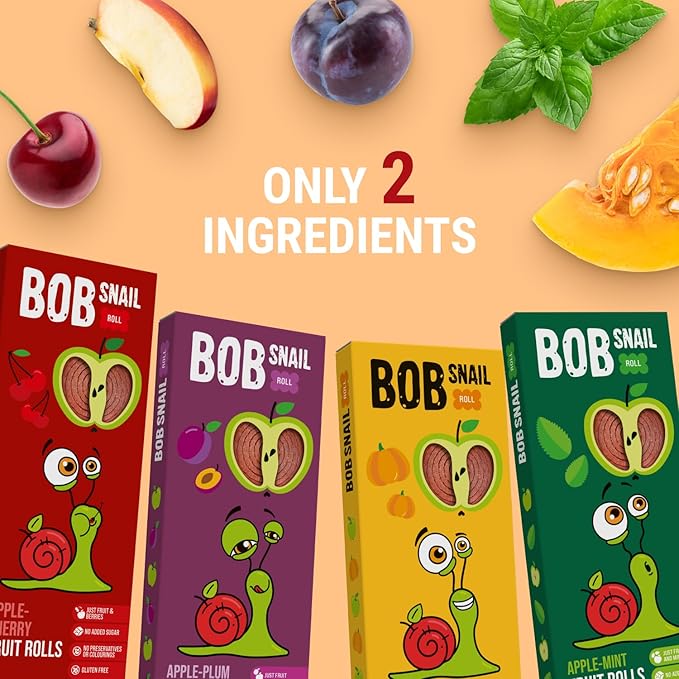 BOB SNAIL Healthy Organic Fruit Snacks for Kids and Adults – 60 Organic Fruit Roll Up Strips with Cherry, Mint, Pumpkin, Plum –Vegan Low-Carb Variety Pack Leather Strips for Kids–Sugar Free Jerky Bars