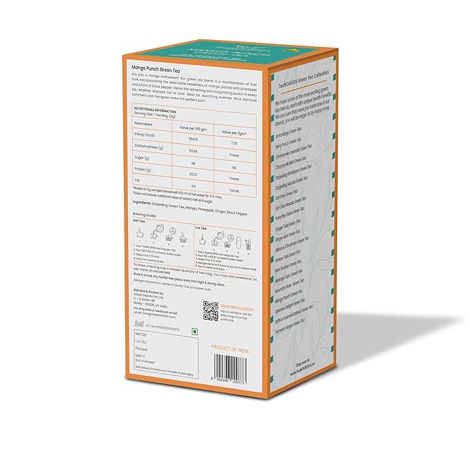 TeaNOURISH Mango Punch Green Tea | 20 Count Pyramid Tea Bags | Darjeeling Whole Tea | Delicious Fruit Infusion | Real Mango | 100% NATURAL INGREDIENTS