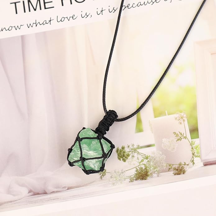 Handmade Natural Gemstone Crystal Pendant Necklace Stone Holder Necklace Cord Net Necklace with Adjustable Length for Women Men