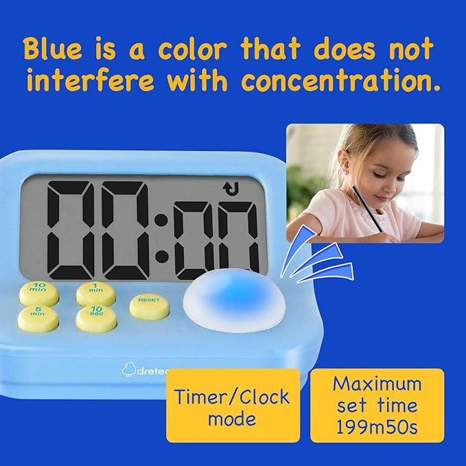 dretec pomodoro Timer, Productivity Timer, for Studying, for exam, Large Display, Large Button, Blue