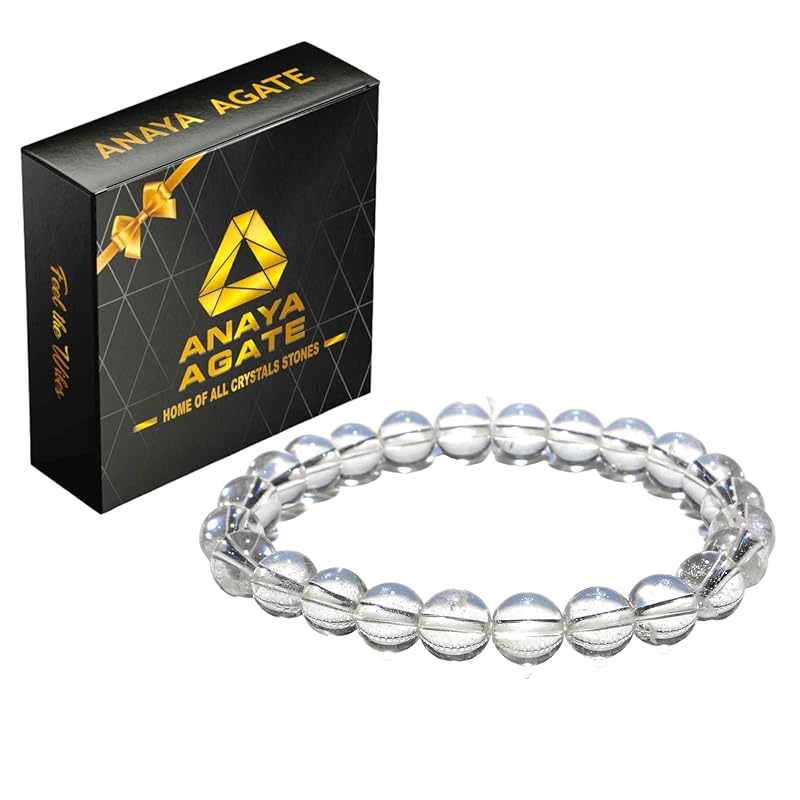 Clear Quartz Bracelet, Natural Healing Crystal Bracelet for Women and Men, 8mm Round Beaded Bracelet for Spiritual, Protection, Positive Energy, Elastic Adjustable Size Gemstone Bead Bracelet