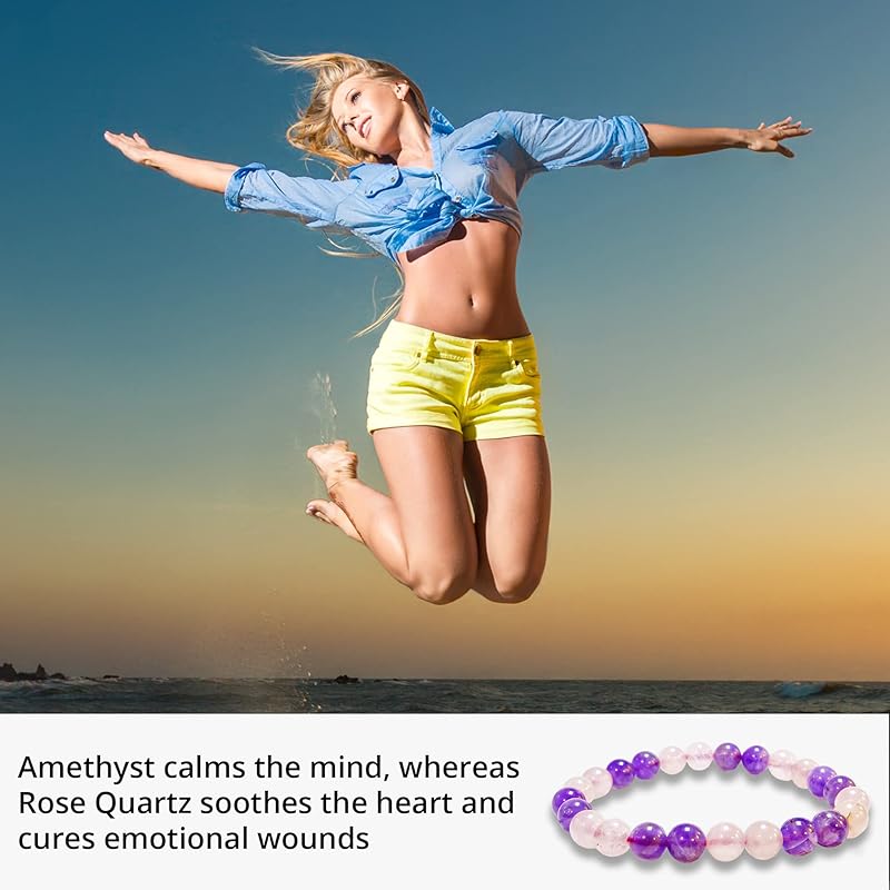 Amethyst, Rose Quartz Bracelet, Natural Healing Crystal Bracelet for Women and Men, 8mm Round Beaded Bracelet for Spiritual, Protection, Positive Energy, Elastic Adjustable Size Gemstone Bead Bracelet