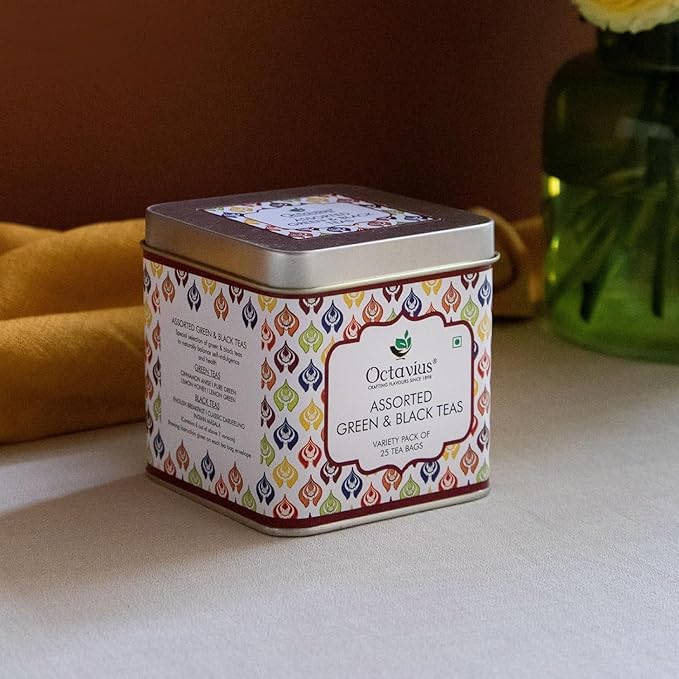 Octavius Tea Variety Pack | 6 Assorted Black & Green Teas | 25 Teabags | Tea Sampler Pack | Pack of 2