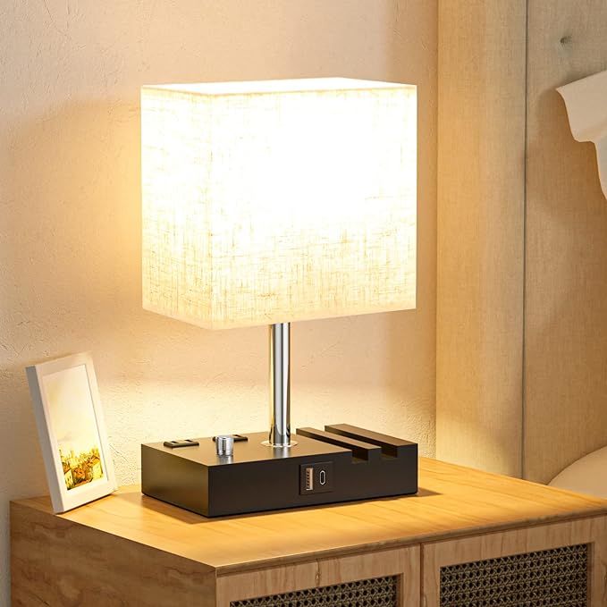 Bedside Lamps for Bedroom Set of 2, Kakanuo Fully Dimmable Small Beige Nightstand Lamps with USB C Ports and 2 Charging Outlets, Wooden Table Lamp with Phone Stands for Living Room, LED Bulbs Included