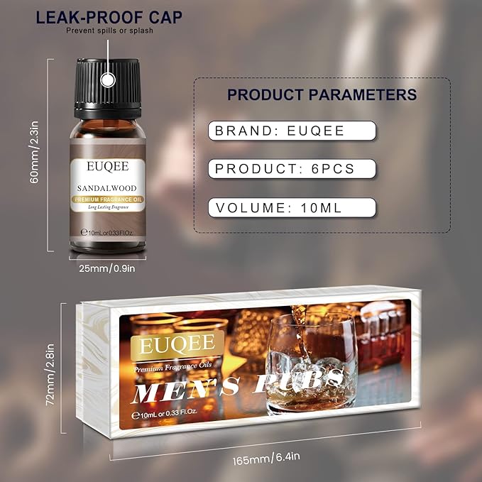EUQEE 6PCS Fragrance Oils for Men, Men's Pubs Gift Set Premium Fragrance Oils -10ml-Leather, Sweet Tobacco（New Name-Honeyed Haze）, Dragons Blood, Sandalwood, Bay Rum, Cedarwood (Men's Pubs)