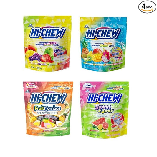 HI-CHEW Variety Mix Bulk, 220+ Pieces, 4 Stand Up Pouches - Tropical Fruit Combos Sweet and Sour, Chewy Fun Soft Candy - Immensely Juicy Fruity Flavors - Individually Wrapped for Halloween Sharing