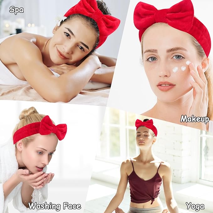 10 Pcs Red Makeup Headbands, Hair Band for Washing Face, Soft Coral Fleece Makeup Headband for Women Girls, Bow Hair Bands, Towel Headbands for Face Washing Shower Skin Care Yoga