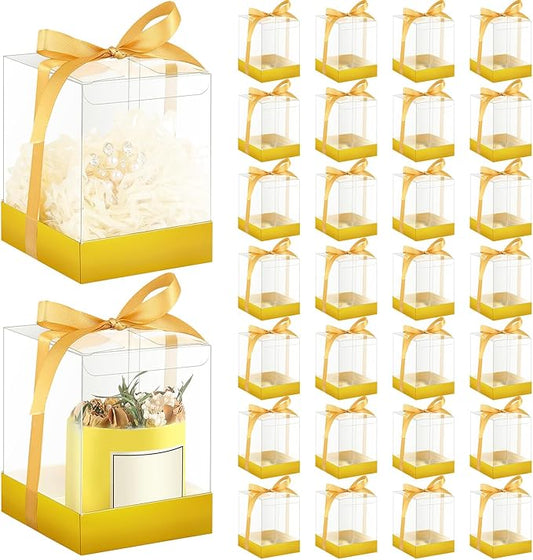 Cunno 36 Set 3. 5 x 3. 5 x 4. 3 in Transparent Candle Gift Box Packaging Box 4-18 oz Handmade Tealight Candle Holders Bulk Paper Bottom Cover with Ribbon for Wedding Baby Shower Party(Gold)