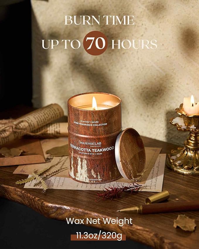 M&SENSE Terracotta Teakwood Scented Candles Natural Non Toxic, Aromatherapy Candle for Stress Relief Meditation Relaxing, Housewarming Gifts for Women Men, 11.3oz 70 Hour Long Burning