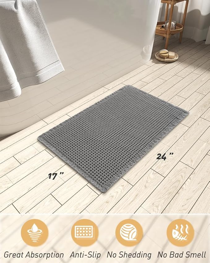 AMOAMI Upgraded Waffle Bath Mat, Super Absorbent Non Slip Bath Mats for Bathroom Floor, Machine Washable Bathroom Rugs with Tassels, Rubber Backed Bathroom Mats, Ultra Soft, 17" x 24", Dark Grey