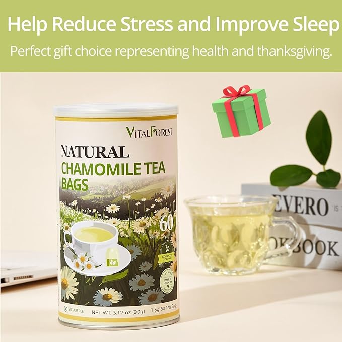 60 Chamomile Tea Bags, VitalForest Chamomile Flowers Tea, Natural Pure Camomile Tea, Caffeine Free Camomille Herbal, Help Reduce Stress And Sleep Better, Non-GMO