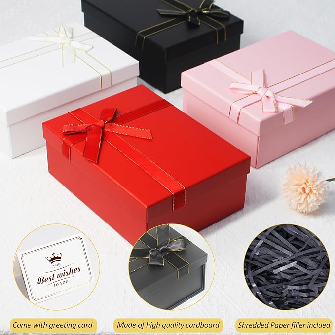 Eerbaier Gift Box with Lid for Present - 3 Pack Small Gift Boxes 8.6x6.3x3.5 Inches, Black Gift Box with Raffia Paper Fill and Greeting Card