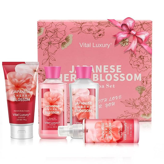 Bath and Body Care Gift Set for Women and Girls, Personal Self-Body Care Travel Set, Japanese Cherry Blossom Spa Home Set with Natural Extracts, 4 Pack - Shower Gel, Body Lotion, Body Mist, Hand Cream
