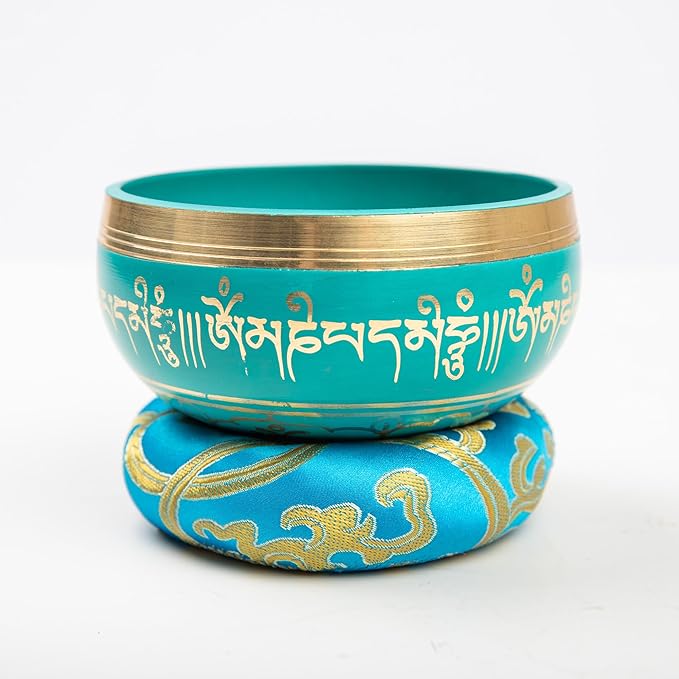 Tibetan Singing Bowl Set - 4" Easy To Play Authentic Handmade For Meditation Sound 7 Chakra Healing By HIMALAYAN BAZAAR (Turquoise Blue, 4")