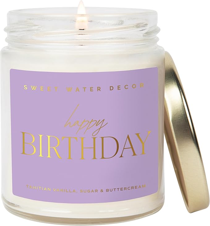 Sweet Water Decor Happy Birthday Candle, Tahitian Vanilla, Powdered Sugar, and Buttercream Scented Soy Wax Candle for Home - 9oz Clear Jar, 40 Hour Burn Time, Made in The USA