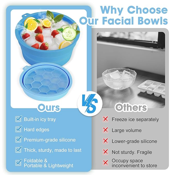 Face Bowl for Ice Silicone Facial Bowls with Built - in Tray Foldable Washbasin for Face Tub Plunge & Cold Plunge Quick Skin Cooling in Ice Baths -Bath Spa Tool for Home Camping Travel & Blue