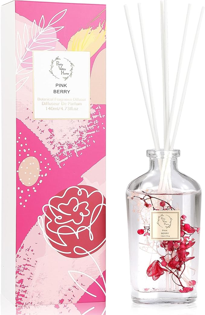 Reed Diffuser Set, Pretty Valley Home Diffuser 140Ml / 4.73 fl OZ Gift Box - Includes Reed Diffuser Sticks, Long Lasting Fragrance Oil and Glass Bottle for Office Living Room Decor (Pink Berry)