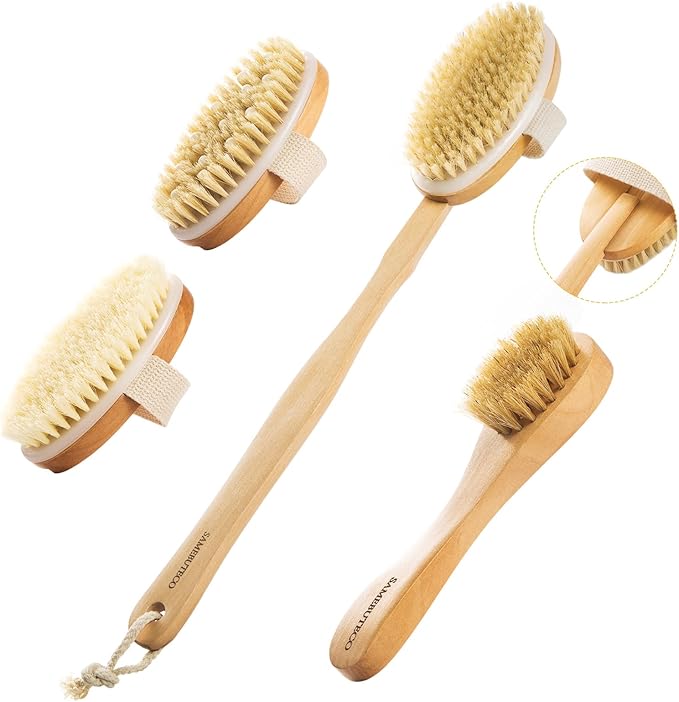 5 Packs Dry Brushing Set Natural Body Brush Wood Long Handle with 3 Detachable Heads, 1 Face Brush,Natural Boar Bristle Exfoliator for Lymphatic Drainage and Cellulite,Back Scrubber