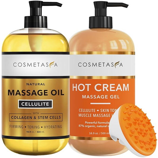 Cellulite Massage Oil, Gel & Mitt - Natural Hot Cream Massage Gel, Oil & Massager - Firm, Tone, Tighten & Moisturize Skin. Soothes Muscles (16.9 oz)