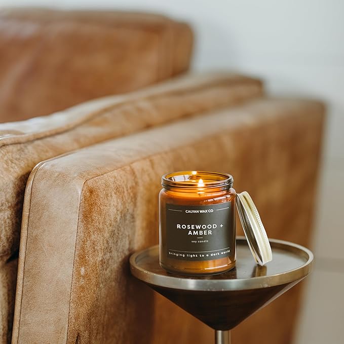 Calyan Wax Co. Soy Wax Candle, Rosewood + Amber Scented Candle, 57 Hour Burn Time, Aromatherapy Soy Candles, Non Toxic & Vegan Soy Wax, Amber Glass Jar Scented Candles, 7.2oz