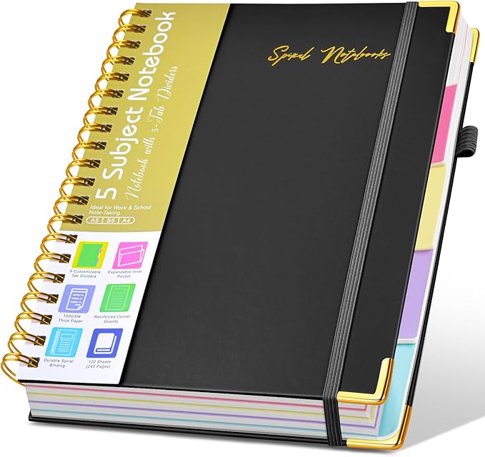 Hardcover Spiral Notebooks for Work, 5 Subject Notebook College Ruled with Dividers Tabs, 8.5" x 11" Lined Notebook Journal for Women, A4 Large Notebooks for School Note Taking, 240 Pages Black