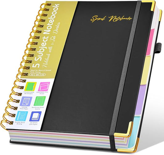 Hardcover Spiral Notebooks for Work, 5 Subject Notebook College Ruled with Dividers Tabs, 8.5" x 11" Lined Notebook Journal for Women, A4 Large Notebooks for School Note Taking, 240 Pages Black