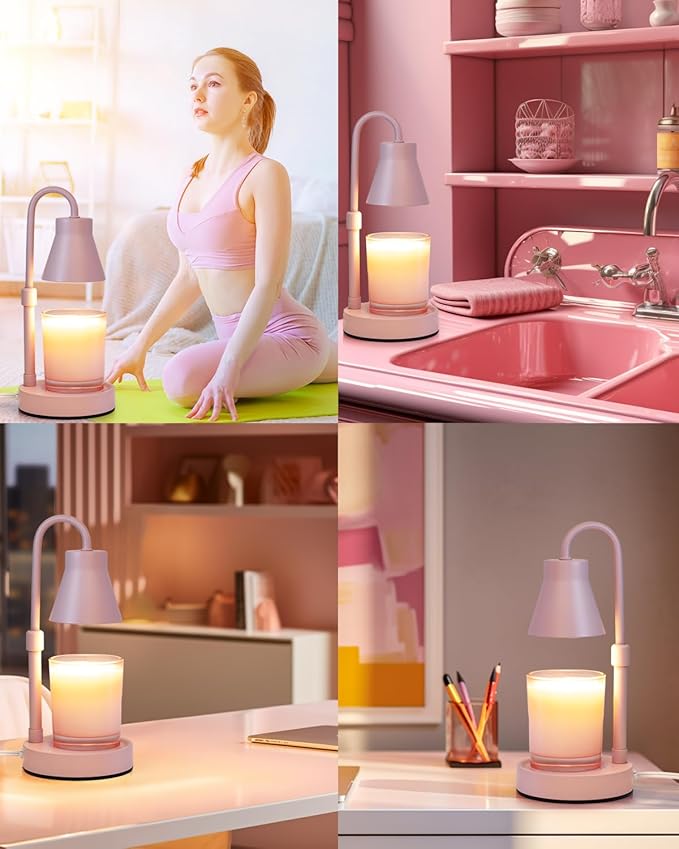 Candle Warmer Lamp with Adjustable Height, Stepless Dimming Function-Home Decor Lamp, Metal Candle Lamps for Jar Candles, No Flame Scented Candle Warmers with 2 Bulbs (Pink)