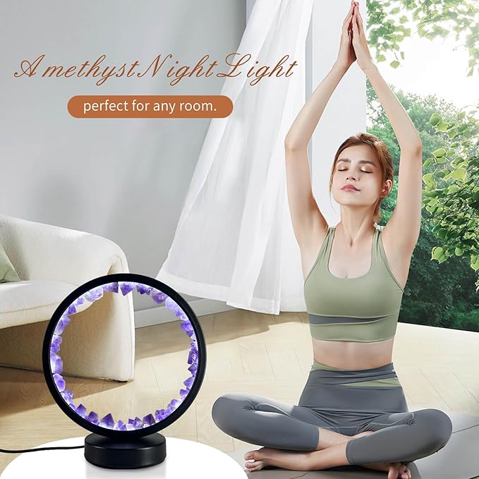 Amethyst Bedside Lamp,Healing Crystal Night Light,3-Colors Ambient Lighting USB Dimming Table Light,Natural Energy Decor for Bedroom Home Dating Gift