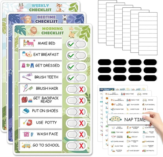 3 in 1 Bedtime/Morning/Weekly Zoo Routine Chart for Kids, Magnetic Chore Chart for Toddlers, Visual Schedule for Kids Toddlers Schedule Board for Home