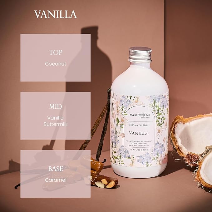 M&SENSE Reed Diffuser Oil Refill, 16.9oz (500ml) with 10 Hollow Reed Sticks, Vanilla Scent Home Fragrance, Scented Oil Refills, Natural Essential Oils for Diffusers, Décor for Home Spa & Office