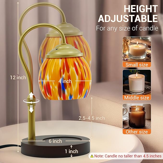 Candle Warmer Lamp - Electric Candle Warmers with Timer Dimmer Height Adjustable Wax Melt Warmer for Jar Candles, Blown Art Glass Warming Lamp Housewarming & Birthday Gifts for Mom Women