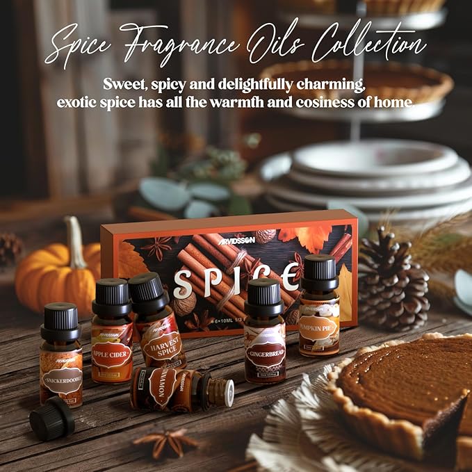 Autumn Spice Essential Oils Set, ARVIDSSON Fall Essential Oil for Diffuser - Cinnamon, Pumpkin Pie, Harvest Spice, Apple Cider, Gingerbread, Snickerdoodle, Cozy Fragrance Oils
