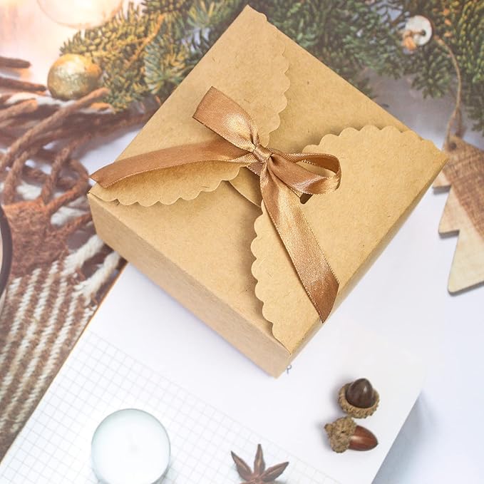 Brown Box for Presents, 10 Pack Small Empty Kraft Paper Gift Boxes with Ribbon For Packaging Candy, Cookie, Chocolate, Craft, Candle, Small Gifts, 4.75” x 4.75” x 3.53”