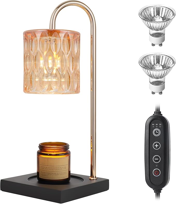 Dimmable Candle Warmer with Timer for Jar Candles, Glass Nightstand Lamp (2 Wax Warmer Bulbs)